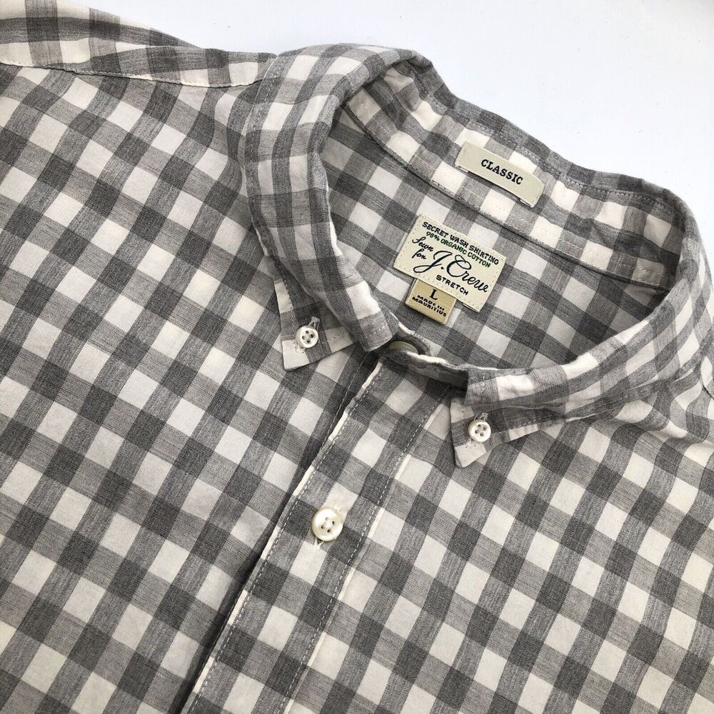 J.Crew Stretch Secret Wash Button Down Long Sleeve Shirt Gray Check Men's Large